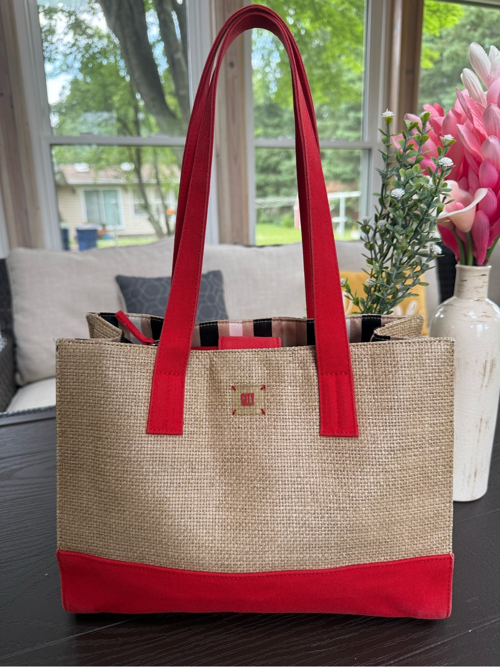 DKNY City Straw Canvas Tote Bag Red & Natural Large Shoulder Bag
